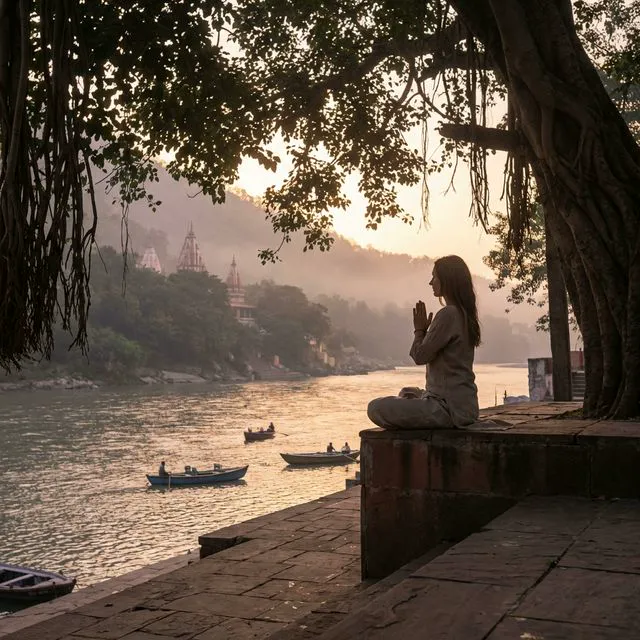 Tatiana Rosenblit practicando yoga frente al Ganges